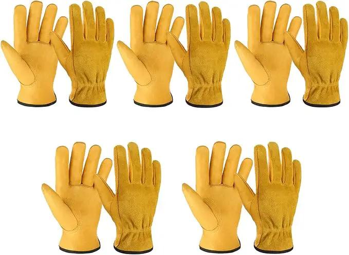 OZERO 5 Pairs Leather Work Gloves Flex Grip Tough Cowhide Gardening Glove for Wood Cutting/Construction/Truck Driving/Garden/Yard Working for Men and Women (Gold,Small) by GreenHaven Gardens