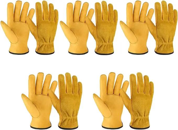 OZERO 5 Pairs Leather Work Gloves Flex Grip Tough Cowhide Gardening Glove for Wood Cutting/Construction/Truck Driving/Garden/Yard Working for Men and Women (Gold,Medium) by GreenHaven Gardens