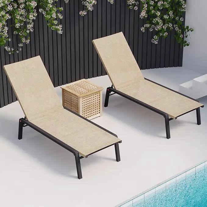 Patio Chaise Lounge Set of 2 with 4 Adjustable Backrest, Foldable Aluminum Chaise Lounge Chair Recliner for Outdoor, Poolside, Sun Tanning Flaxen by GreenHaven Gardens