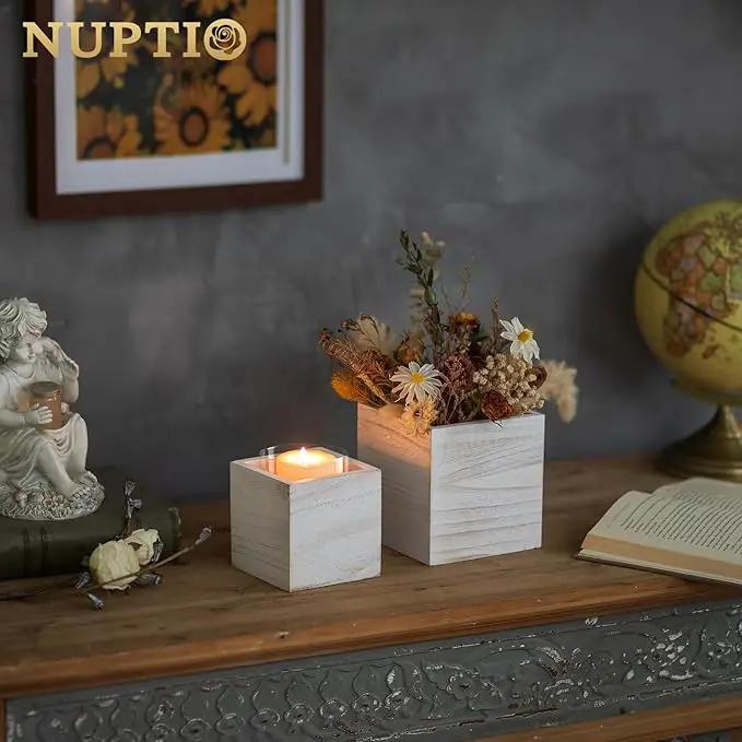 NUPTIO Wooden Box for Centerpiece Wedding: 6 Pcs Rustic Square Planter Box FarmhouseTable Fall Decor - 4×4" & 5×5" Whitewashed Small Wood Vases Flower Pots for Windowsill Home Garden by GreenHaven Gardens