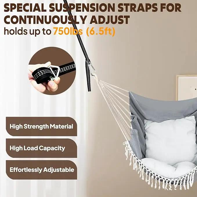 Chihee Hammock Chair Hanging Swing 2 Pillows Included,Strong Webbing Straps and Hooks for Easy Hanging Soft Cotton Hanging Chair Side Pocket Tassel Chair Comfort Indoor Outdoor Light Grey by GreenHaven Gardens