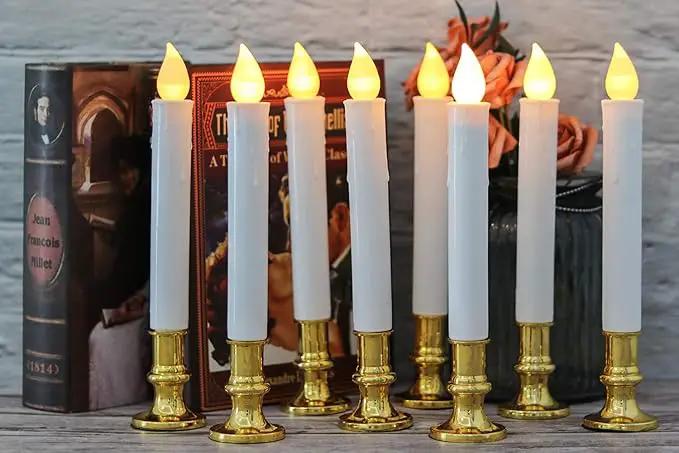 DRomance 9" Flameless Window Taper Candles Battery Operated with 8-Key Remote and Timer, 4 Pack White Christmas Holdiay Window Candles with Gold Holders, Suction Cups and AA Batteries Included by GreenHaven Gardens