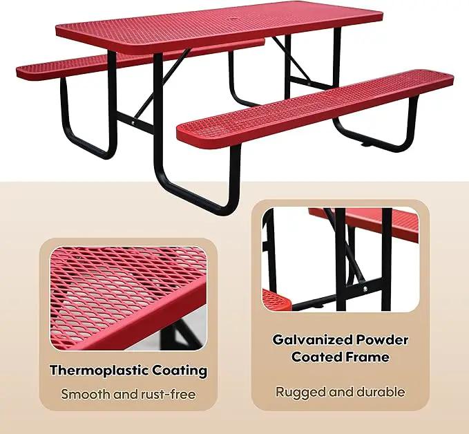 6FT Metal Picnic Tables for Outdoors, Commercial Rectangular Picnic Table and Bench Set for Outside, Patio, Garden, Backyard, Porch, Surface Mount, Red by GreenHaven Gardens