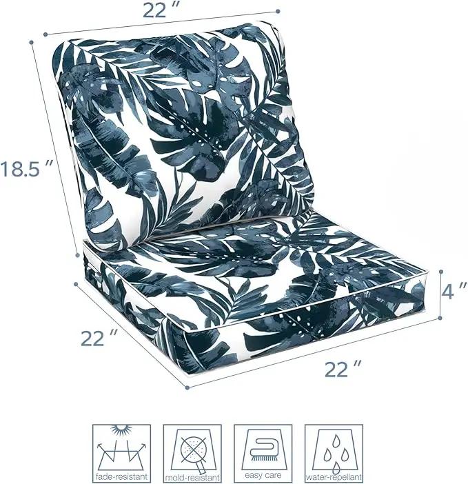 LVTXIII Outdoor Deep Seat Cushion Patio Seat and Back Cushion Set Seasonal Chair Cushion with Removable Cover and Adjustable Buckle for Home and Garden, 22"x22"x4", Palms Blue by GreenHaven Gardens