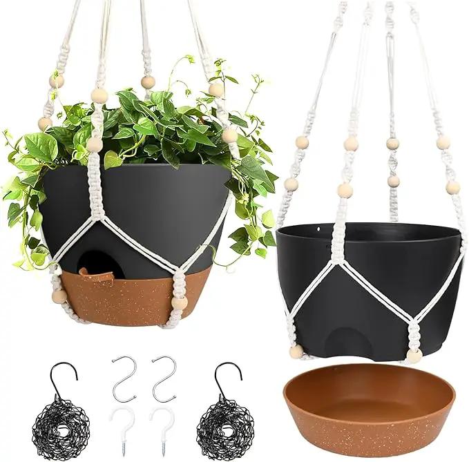 Hanging Planters for Indoor Outdoor Plants, 2 Pack Self Watering Hanging Pot with Drainage Holes, Removable Tray & 2 Kinds of Plant Hangers, 10'' Hanging Flower Pots for Home Garden Decor, Black by GreenHaven Gardens