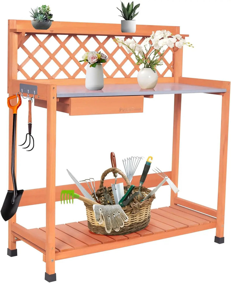 Outdoor Potting Bench & Wooden Gardening Work Station Planting Table with Metal Tabletop, Drawer, Storage, and Hooks by GreenHaven Gardens