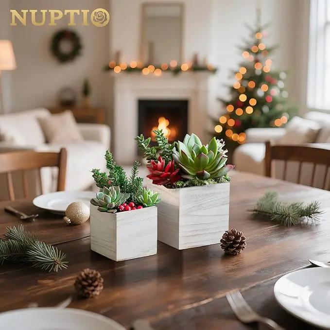 NUPTIO Wooden Box for Centerpiece Wedding: 12 Pcs Rustic Square Planter Box Farmhouse Table Fall Decor - 4×4" & 5×5" Whitewashed Small Wood Vases Flower Pots for Windowsill Home Garden by GreenHaven Gardens