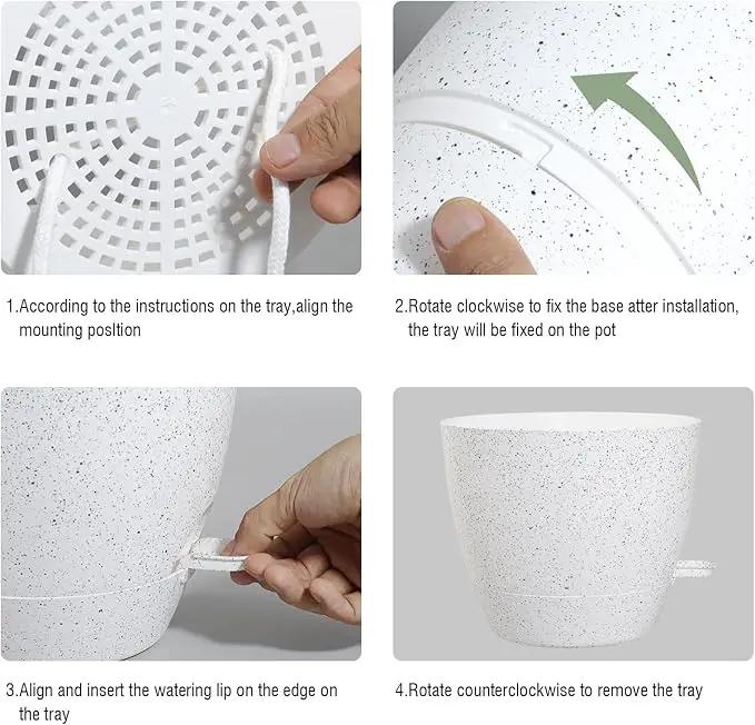 Large Self Watering Pots, 12/10/9 Plastic Planters with High Drainage Holes and Deep Reservoir for Indoor Outdoor Garden Plants and Flowers, White Speckles by GreenHaven Gardens