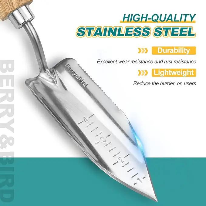 Berry&Bird Potting Trowel, Stainless Steel Serrated Hand Shovel, Wood Handle Garden Trowel Tool with Measuring Scale for Effortless Digging,Roots，Planting, Cutting and Transplanting by GreenHaven Gardens