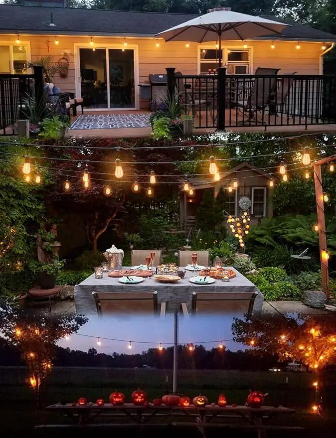 Outdoor String Lights LED 100FT Commercial Grade Heavy Duty Light String Lights with 30 Sockets 32 Shatterproof Plastic Bulbs Include 2 Spare S14 Dimmable Edison Bulbs Patio Market Cafe Light by GreenHaven Gardens