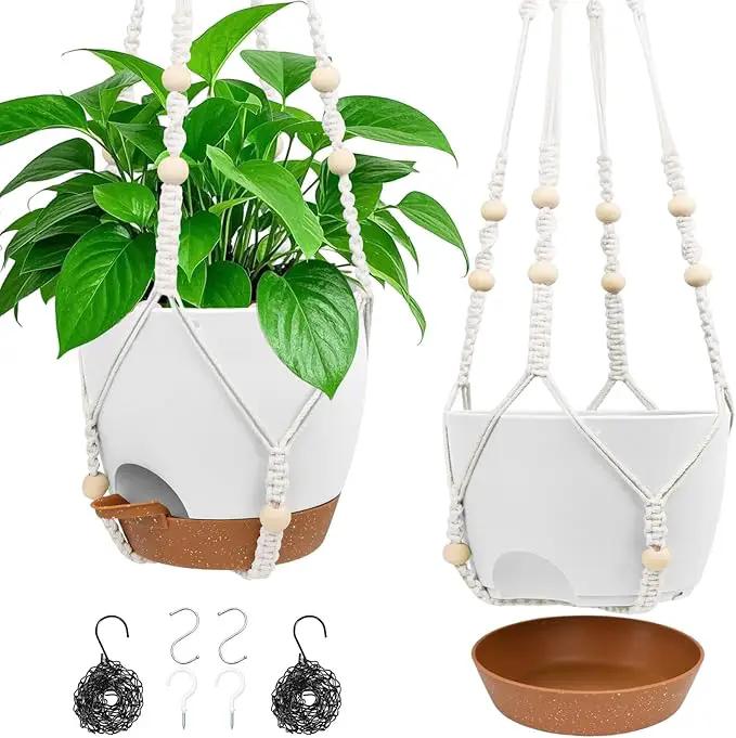 Hanging Planters for Indoor Outdoor Plants, 2 Pack Self Watering Hanging Pot with Drainage Holes, Removable Tray & 2 Kinds of Plant Hangers, 8'' Hanging Flower Pots for Home Garden Decor, White by GreenHaven Gardens