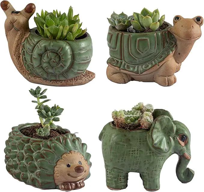Small Succulent Pots with Drainage, Ceramic Animal Planter, Indoor Plant, Cute Cactus/Bonsai Flower Pots for Home Decor and Office Desk Decoration, A Set of 4 Pieces is Suitable as A Gift by GreenHaven Gardens