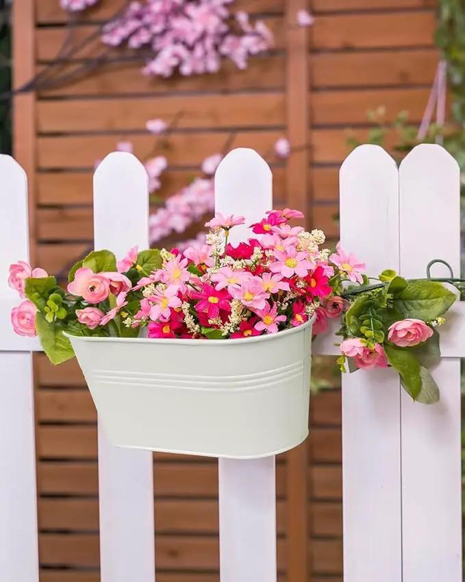 vensovo Metal Railing Planter for Outdoor Plants - 5 Pack Balcony Hanging Flower Pots with Detachable Hooks and Drain Holes Oval Bucket Rail Box Fence Planters for Home Garden Decor, White by GreenHaven Gardens