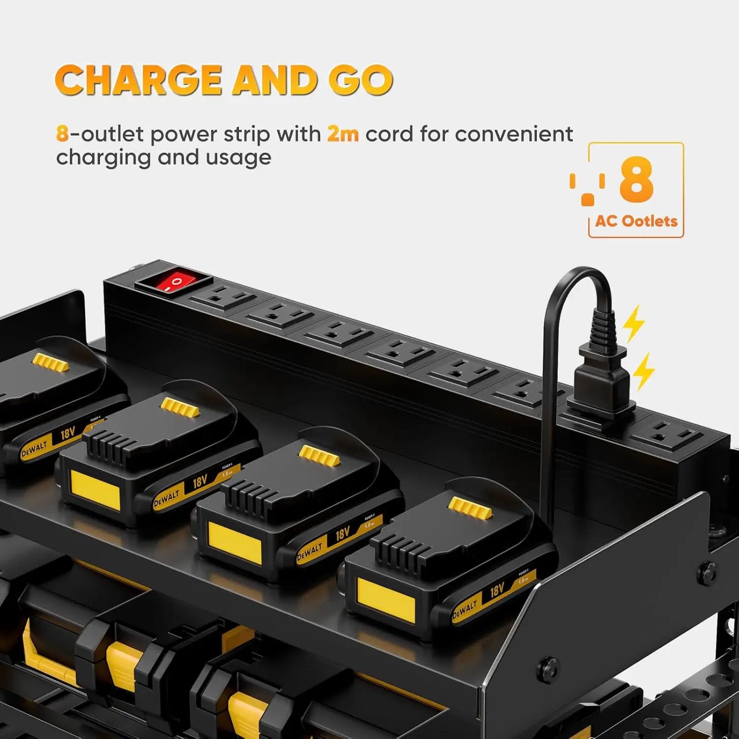 Power Tool Organizer Wall Mount with Charging Station,Tool Storage Rack with 8 Outlet Power Strip,Heavy Duty Metal Battery Utility Rack with 4 Cordless Drill Holder 6.56 Ft Cord for Garage by GreenHaven Gardens