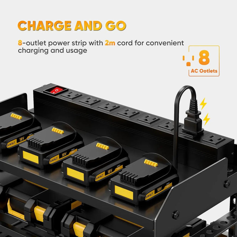 Power Tool Organizer Wall Mount with Charging Station,Tool Storage Rack with 8 Outlet Power Strip,Heavy Duty Metal Battery Utility Rack with 4 Cordless Drill Holder 6.56 Ft Cord for Garage by GreenHaven Gardens