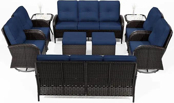 Joyside 10 Piece Patio Furniture Set, Outdoor Wicker Conversation Sets with Swivel Rocker Chairs and Sofa, Thick Cushion, Rattan Patio Sectional for Porch, Deck Use (Brown/Blue, 10 PCS) by GreenHaven Gardens