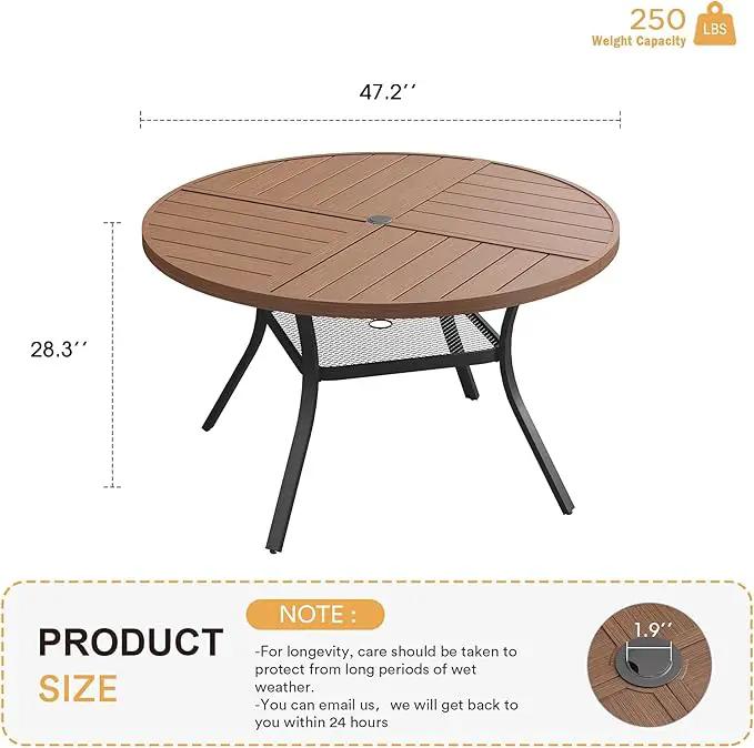 VICLLAX Round Patio Table with Adjustable Umbrella Hole for 6, All Weather Metal Outdoor Dining Table for Lawn Garden, 47.2" Outdoor Coffee Table, Walnut Wood-Like Tabletop by GreenHaven Gardens