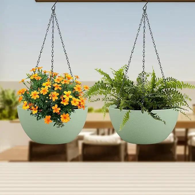 12 inch Large Hanging Planters Plant Pots for Indoor Outdoor Plants, 2 Pack Hanging Flower Pots with Drainage Holes and Chain for Garden Porch, Plastic Hanging Baskets for House Plants, Green by GreenHaven Gardens