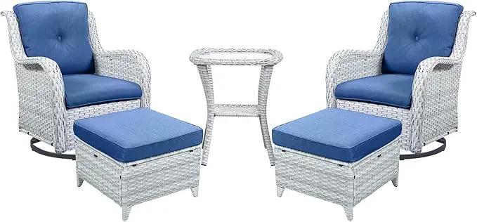 Outdoor Swivel Rocker Furniture 5 Pieces Patio Wicker Furniture Sets, Rattan Patio Swivel Glider Chairs with 2 Ottoman and Glass Side Table
