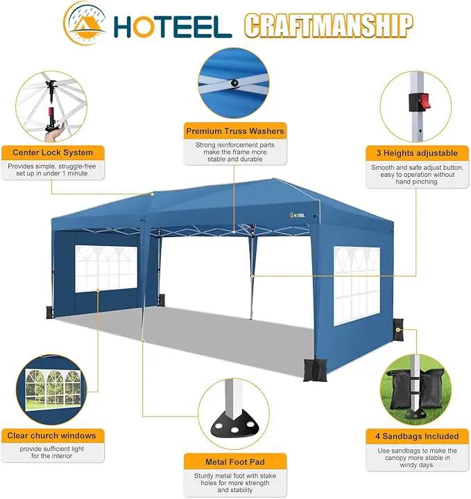 HOTEEL 10x20 Pop up Canopy with 6 Sidewalls, One Push Instant Setup Outdoor Canopy Tent with Reinforce Rod, Weight Bag, for Parties, Events, Blue by GreenHaven Gardens