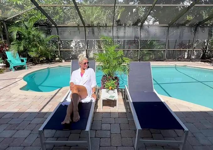 PURPLE LEAF Outdoor Chaise Lounge Set Staight Legs Adjustable Sunbathing Recliner with Side Table for Poolside Beach Outside Patio Aluminum Chaise Lounger Navy Blue by GreenHaven Gardens
