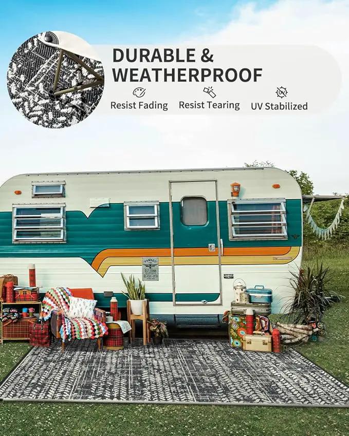 MontVoo Outdoor Rug 9x12 Waterproof-Patio Rug Outdoor Carpet Reversible RV Camping Picnic Plastic Straw Rug Outside Outdoor Area Rug for Balcony Deck Backyard Patio Decor Boho Modern Abstract Grey by GreenHaven Gardens