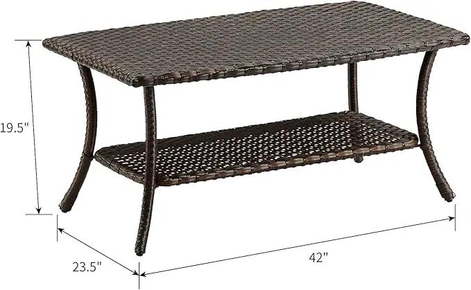 Patio Tables Outdoor Coffee Table - Wicker Rattan Coffee Tables with 2-Tier Storage Shelf Side Table for Porch Deck Balcony Garden Outside Rectangle Brown by GreenHaven Gardens
