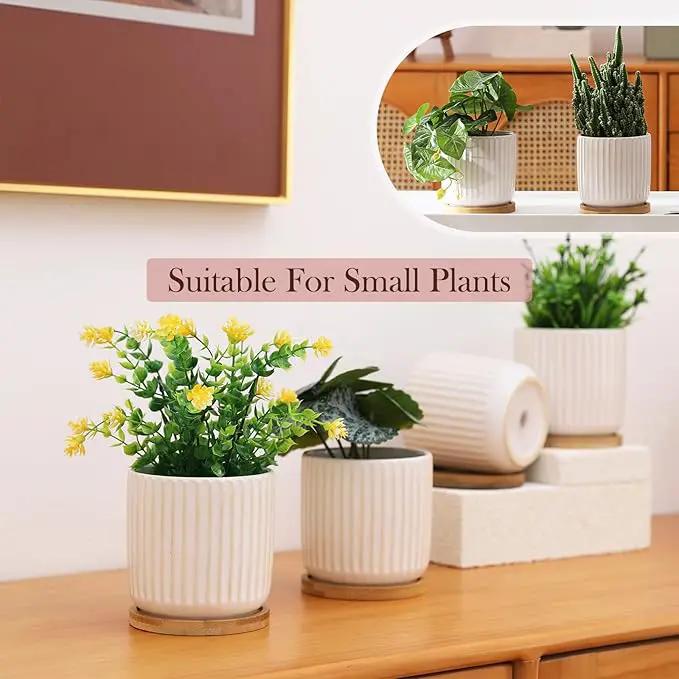 OMAYKEY 4 Inch Ceramic Plant Pot with Saucer, Creative Stripe Small Planters Pots with Drainage Hole and Mesh Pads for Succulent, Cactus, Herbs, White - Set of 4 by GreenHaven Gardens
