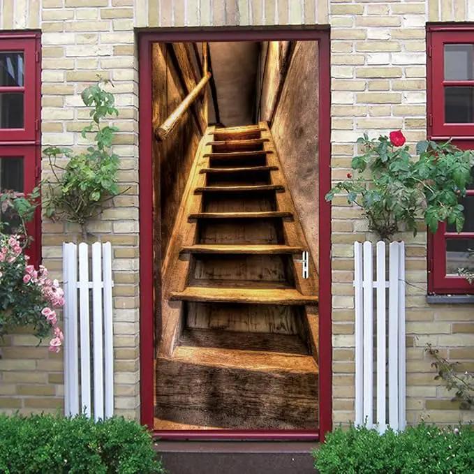 3D Door Stickers Murals Peel and Stick - Wooden Stairs - Door Wallpaper Self-Adhesive Door Decals Removable PVC Waterproof Door Poster for Bedroom Living Room Door 31.5" x 78.7" by GreenHaven Gardens