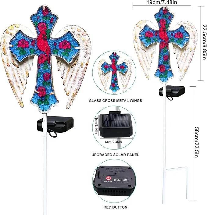 YJFWAL Cardinal Bird&Rose Cross Garden Stake Light, Solar Glass Cross for Cemetery Grave, Jesus Cross Angel Wings Sympathy Memorial Gifts, Halloween Christmas Garden Lawn Yard Patio Decor by GreenHaven Gardens