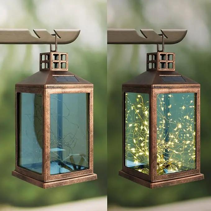 Solar Lantern Outdoor, Garden Hanging Lantern Solar Powered - Glass Waterproof Brushed Copper Solar Table Lantern Decorative Lights Flash and Steady-on Modes for Patio, Backyard, Garden by GreenHaven Gardens