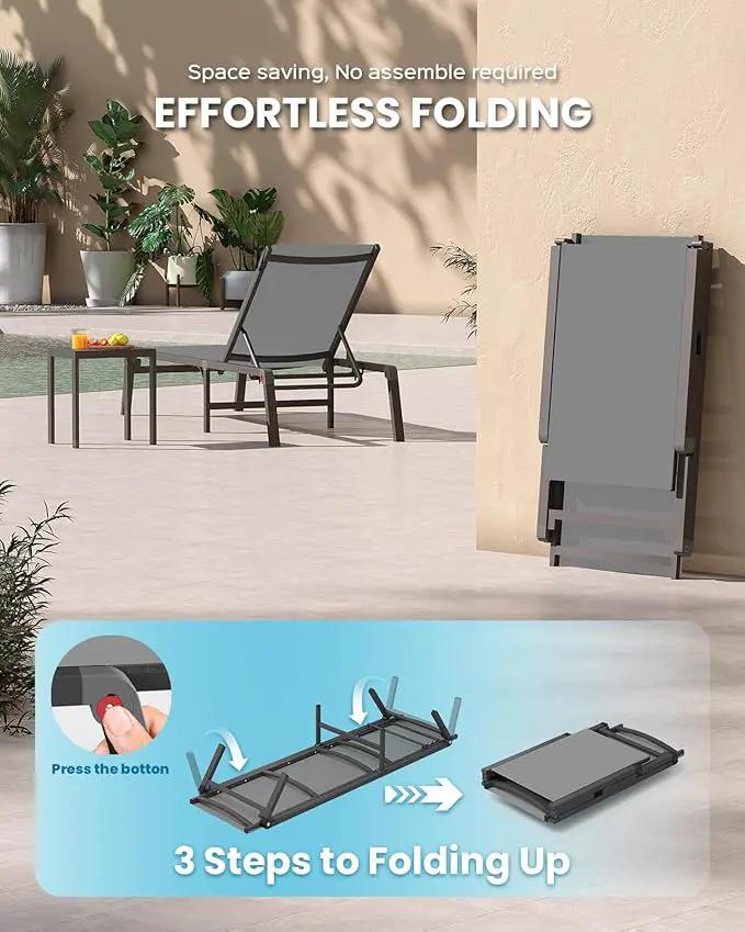 Pool Lounge Chairs Set of 3 (2 Chairs and 1 Side Table), Foldable Aluminum Chaise Lounge Outdoor with 5 Positions Recliner - Free Assembly - Patio Chaise Lounge Chair for Poolside, Yard by GreenHaven Gardens