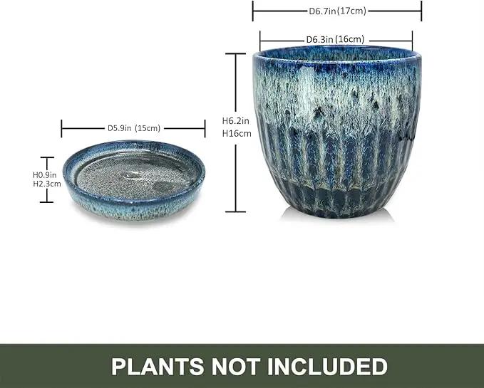 Ceramic Pots for Plants, 6in Ceramic Planters for Indoor Plants, Flower Pots with Drainage and Saucer, Reactive Glaze Blue by GreenHaven Gardens
