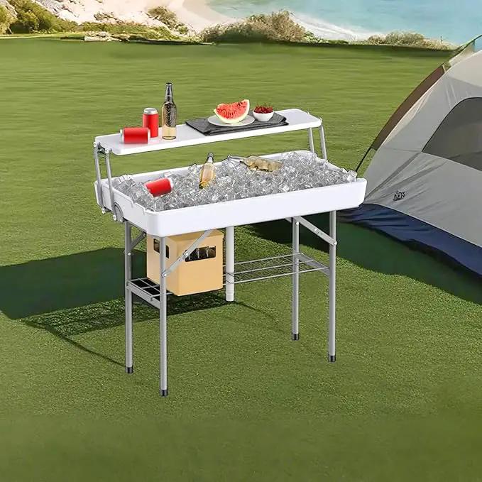 Portable Folding Ice Cooler Table with Skirt & Drain & Shelving, Outdoor Foldable Drink Ice Table with Storage for Camping, Picnics, BBQ & Parties, by GreenHaven Gardens