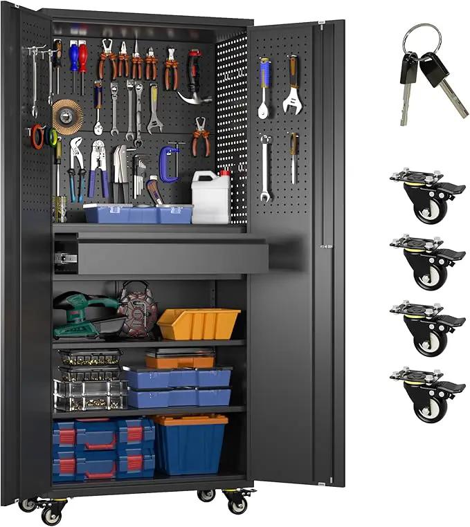 Metal Garage Cabinet with Wheels,71''H Rolling Lockable Steel Tool Cabinet with Pegboard & 1 Drawer for Garage,Home,Office Assembly Required,Black/Red by GreenHaven Gardens