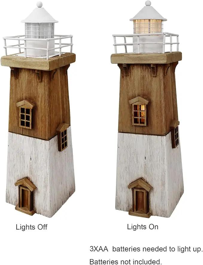 Wooden Lighthouse Decor with Light, Decorative Nautical Lighthouse Rustic Ocean Sea Beach Themed Lighthouse Decoration, Handcrafted Tabletop Nautical Themed Home Decor Bathroom Decor (13.78“H) by GreenHaven Gardens