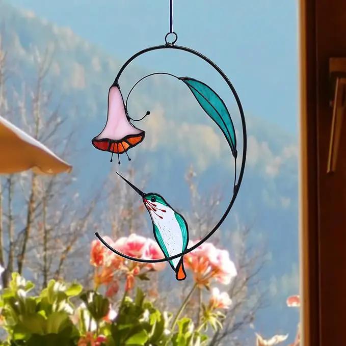 Lolitarcrafts Hummingbird with Flower Stained Glass Suncatcher Bird Stained Glass Window Hangings Hummingbird Gift for Home Decor (Green) by GreenHaven Gardens
