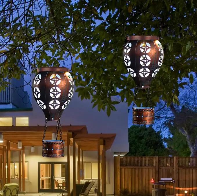 Hot Air Balloon Solar Lantern for Garden Decor,2 Pack Matal Hanging Lantern,Outdoor Metal LED Solar Lights for Yard Patriotic Trees Decor by GreenHaven Gardens