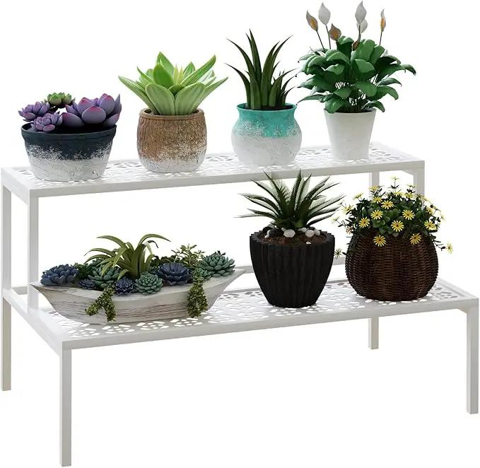 aboxoo Metal Plant Stand Metal 2 Tier Potted Multiple Flower Pot Holder Plant Shelf Indoor Plants Multiple,Outdoor Heavy Duty Planter Display Shelving Unit for Patio Garden Corner Balcony,Living Room(White) by GreenHaven Gardens