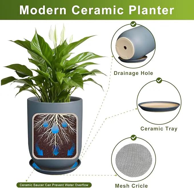 Pots for Plants 12 Inch - Ceramic Planter for Indoor Outdoor Plants Large Plant Pot with Drainage Hole and Saucer Outdoor Flower Pot Gray by GreenHaven Gardens