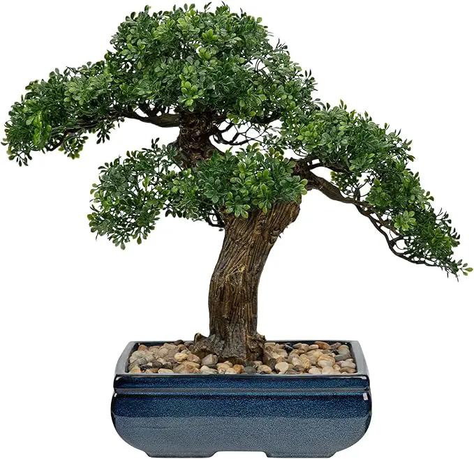 Artificial Bonsai Tree Juniper Faux Plants Indoor Fake Plants Decor with Blue Square Ceramic Pots for Home Table Office Desk Bathroom Shelf Bedroom Living Room Farmhouse Decorations by GreenHaven Gardens