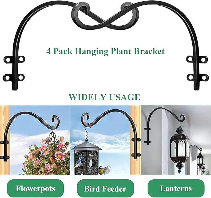 4 Pack Heavy Duty Plant Hanger Bracket, 16Inch Hanging Brackets for Plants Outdoor and Indoor, 80lbs Holding Capacity Metal Plant Wall Hooks, Black Hanging Plant Brackets for Flower Wind Bird Feeder by GreenHaven Gardens