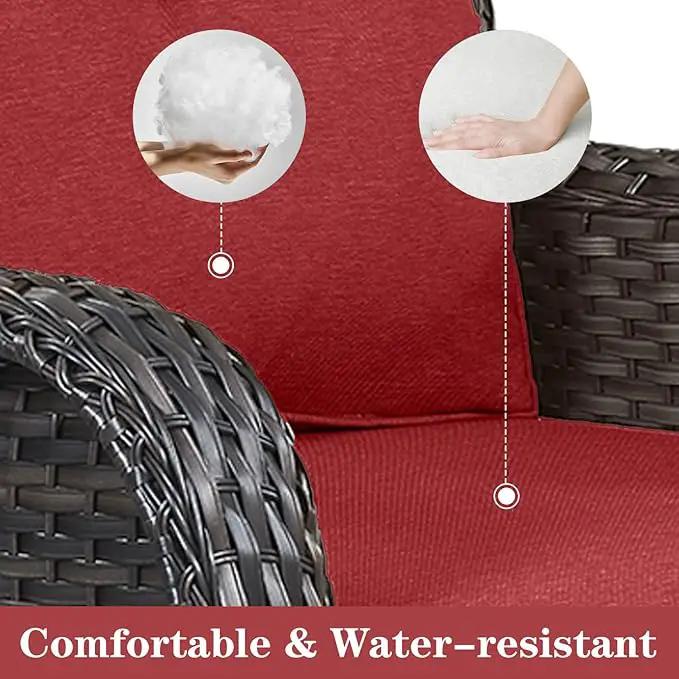 5 Pieces Patio Wicker Furniture Set - 4 Outdoor Swivel Rocker Glider Chairs with 50000BTU Propane Fire Pit Table, Warm Patio Conversation Set Red Cushion Perfect for Casual Gathering by GreenHaven Gardens