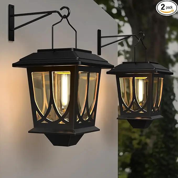 Solar Lanterns Outdoor Waterproof 2 Pack, Glass Auto On/Off LED Hanging Solar Lights, Outdoor Lantern with Wall Mount for Yard Fence Patio - Black by GreenHaven Gardens