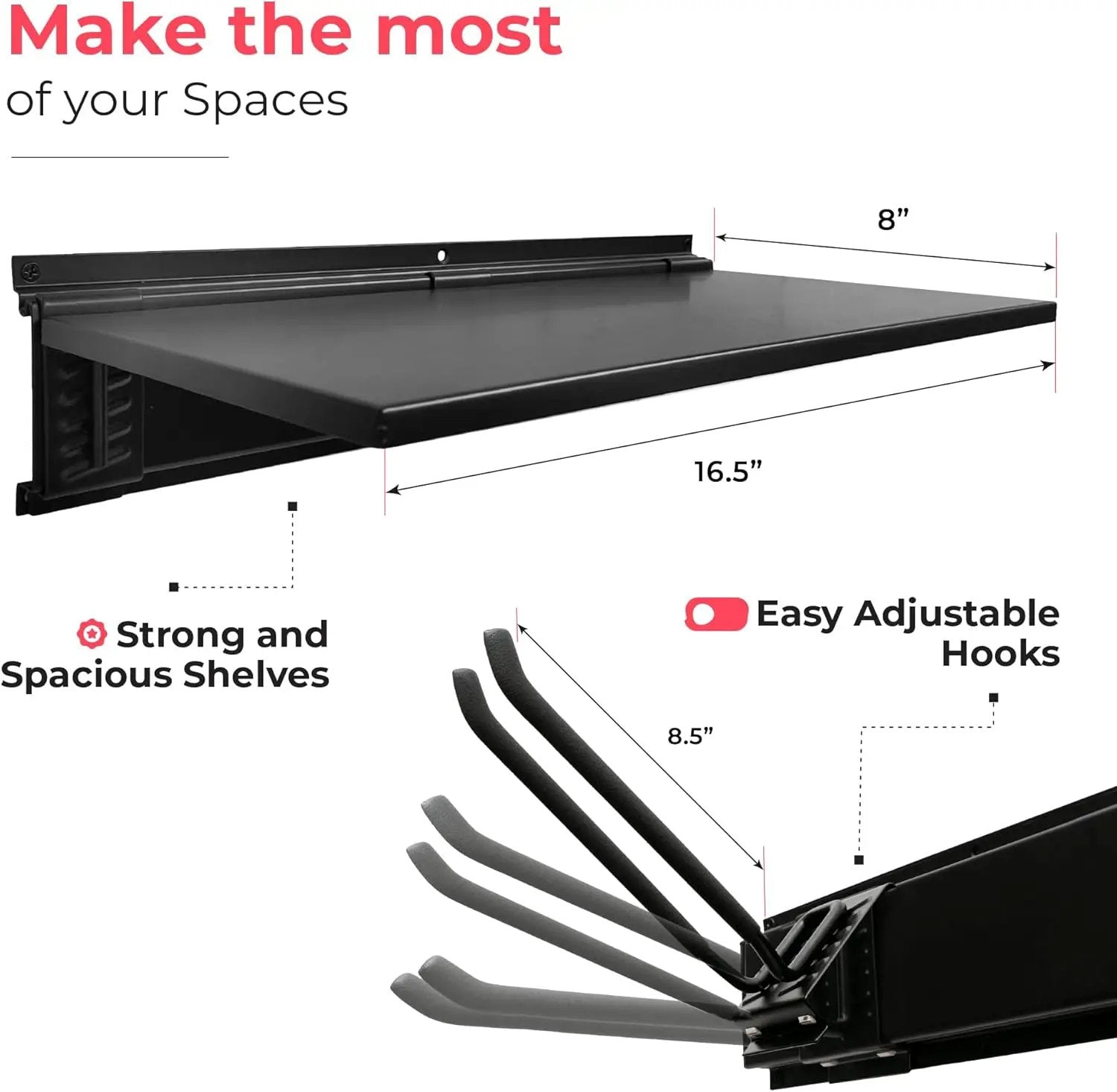 Heavy-Duty Garage Wall Storage System | Wall Mounted Tool Organizer Rack with Shelving | 10-Piece Mounting Kit | Includes 4x8.5” Adjustable Hooks & 2x16.5” Floating Utility Shelves by GreenHaven Gardens