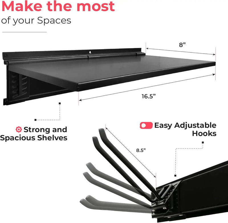 Heavy-Duty Garage Wall Storage System | Wall Mounted Tool Organizer Rack with Shelving | 10-Piece Mounting Kit | Includes 4x8.5” Adjustable Hooks & 2x16.5” Floating Utility Shelves by GreenHaven Gardens