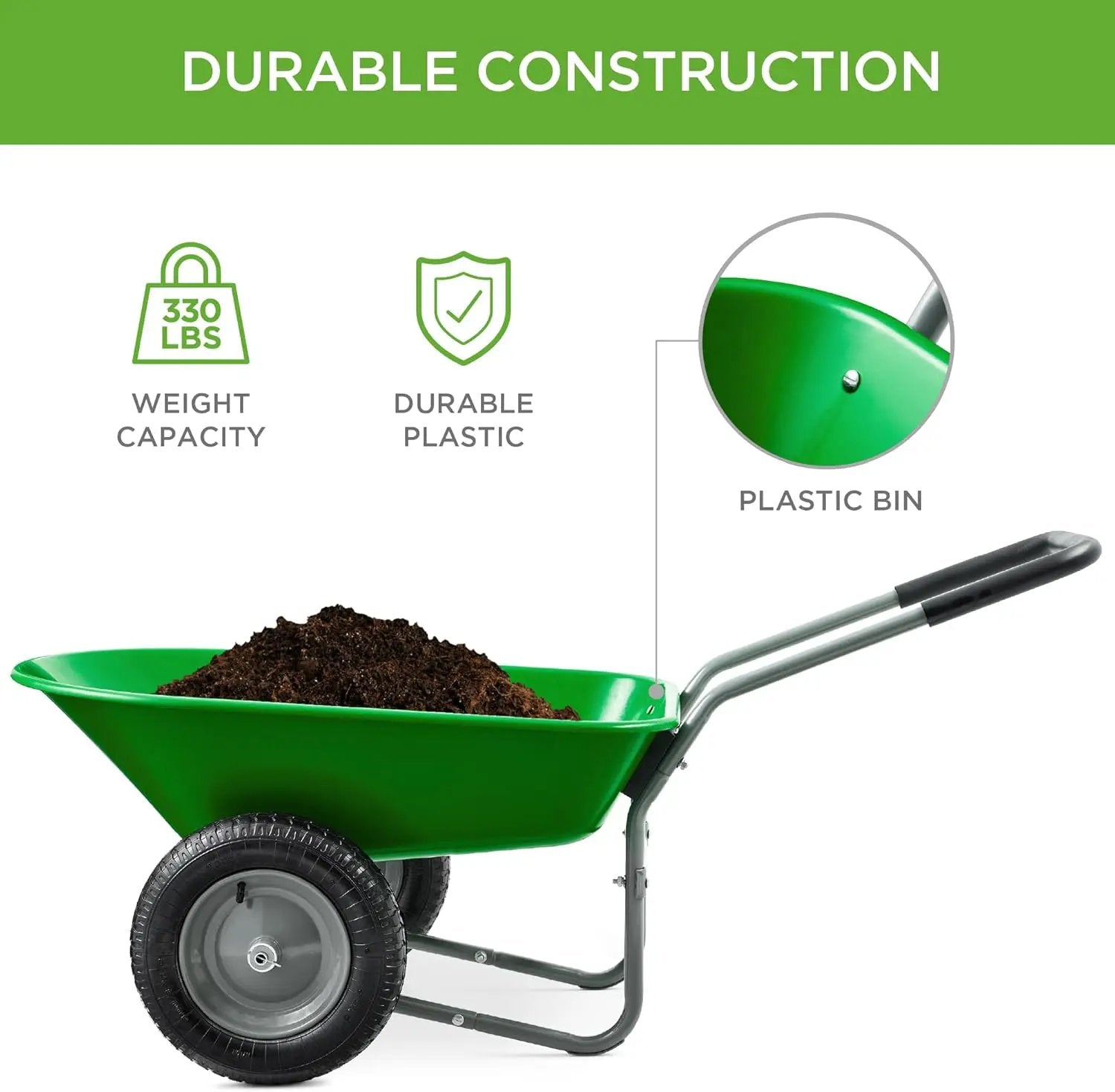Best Choice Products Dual-Wheel Home Utility Yard Wheelbarrow Garden Cart w/Built-in Stand for Lawn, Gardening, Construction - Bright Green by GreenHaven Gardens