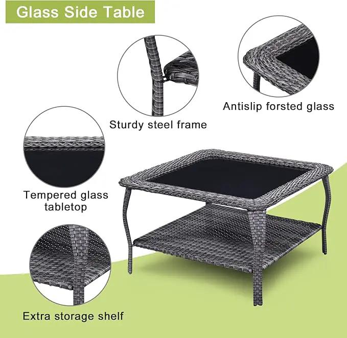 Patio Tables Outdoor Coffee Table - Wicker Rattan Coffee Tables with 2-Tier Storage Shelf Glass Top for Proch Deck Balcony Garden Squre Mixed Grey by GreenHaven Gardens