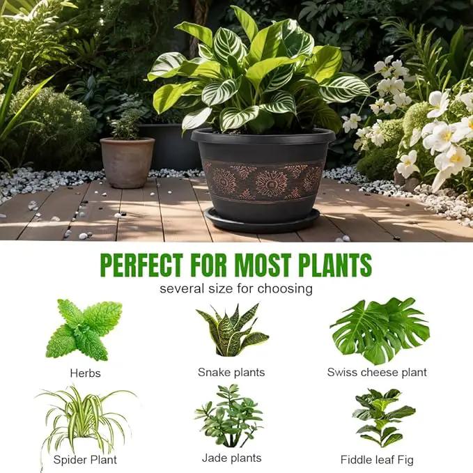 4 Pack 16 inch Plant Pots, Retro Pattern Planters with Drainage Holes and Saucer, Sturdy Plastic Garden Flower Pots for Indoor & Outdoor Plants by GreenHaven Gardens