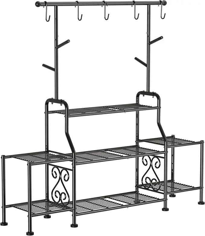 GIOTORENT 3-Tier Tall Metal Plant Stand Indoor Outdoor - Heavy Duty Plant Shelf for Garden, Patio, Balcony with 5 Hanging Hooks, Holds 16-25 Plants, Black by GreenHaven Gardens